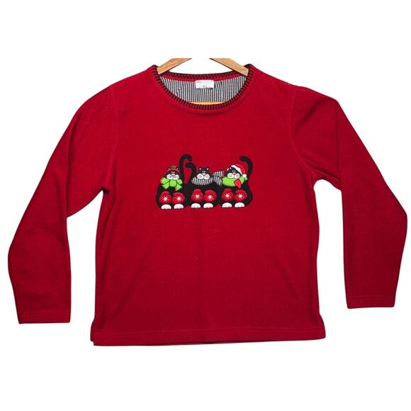 Red Fleece Christmas Cats Holiday Festive Long Sleeve Top Women Small - Picture 1 of 6